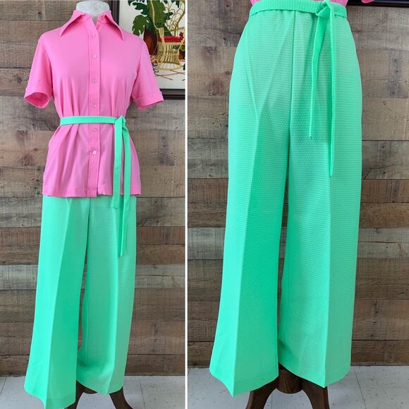 Vintage 1970s MOD Mint Green Pull On Wide Leg Trouser Polyester Pants Sz Medium - Picture 1 of 7